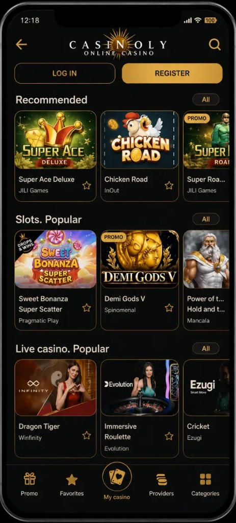 Casino-Lobby in der mobilen App